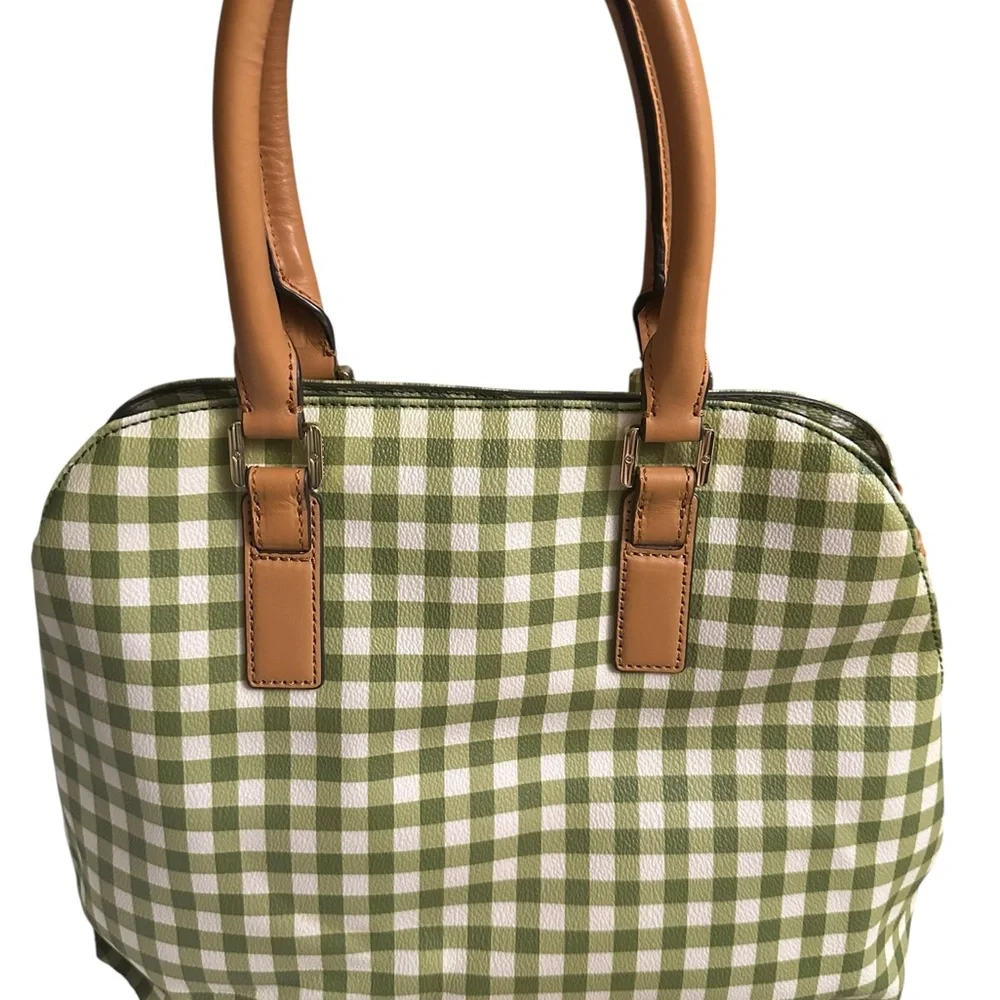 Tory Burch Kerrington Gingham Open Green Vinyl Tote w/ Leather Crossbody Strap